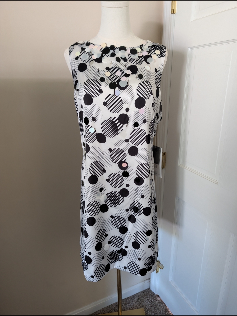 NWT THEIA Black & White Graphic Circle Sequin Paillette Shift Dress 10